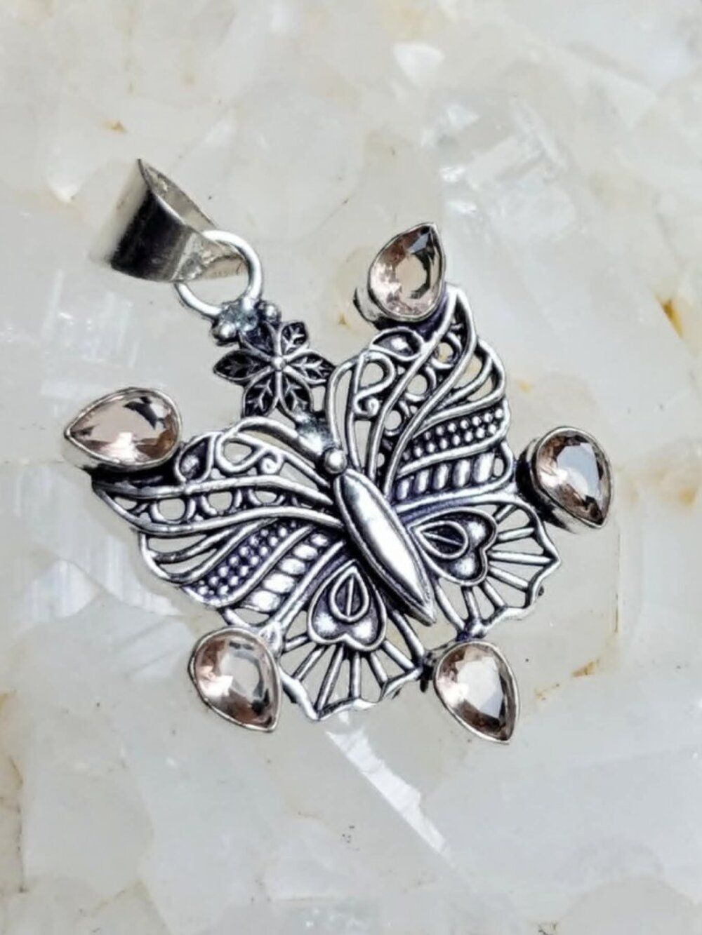 NWOT .925 Sterling Plated Morganite Glass Stone Butterfly Pendant Necklace